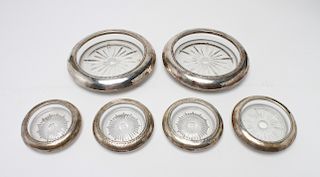 Glass Coasters with Sterling Silver Rims, 6