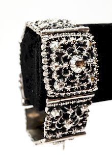 Silver & Rose-Cut Diamonds Ornate Hinged Bracelet