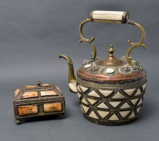 Moroccan Brass & Bone Inlay Teapot & Box