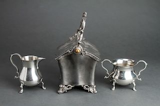 English Silver Plate Basket with Pewter Pieces
