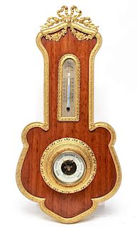 French Ormolu Mounted Wood Barometer & Thermometer