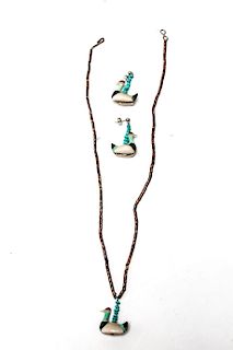 Zuni Duck Fetish Cowry Shell Necklace & Earrings