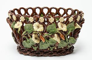 Majolica Basket and Flowers Pottery Planter