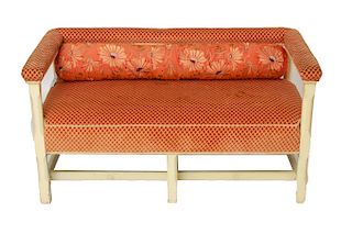 Arts & Crafts Style Wood Bench w Orange Upholstery