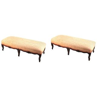 Louis XV Manner Upholstered Low Bench Ottoman, Pr