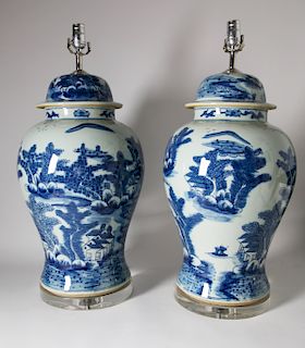 Pair of Chinese Blue and White River Landscape Decorated Temple Jar Lamps