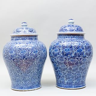 Near Pair of Large Chinese Export Blue and White Porcelain Jars and Covers
