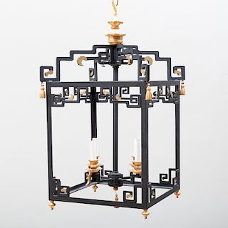Chinese Style Black Painted and Parcel-Gilt Metal Four-Light Lantern
