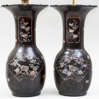 Pair of Japanese Lac Burgauté Style Vases 