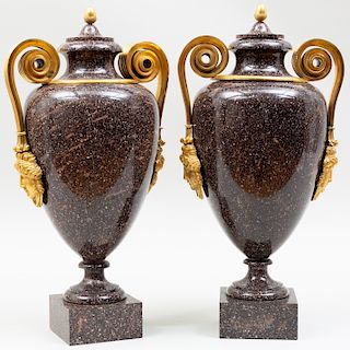 Fine Pair of Swedish Neoclassical Ormolu-Mounted Porphyry Covered Urns