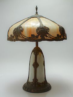 Victorian Patinated Metal & Slag Glass Table Lamp