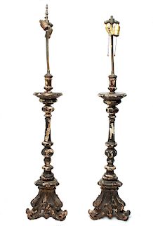 Italian Baroque Style Wood Candlesticks / Lamps, 2