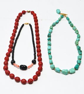 Chinese Cinnabar, Turquoise, Coral Necklaces, 3