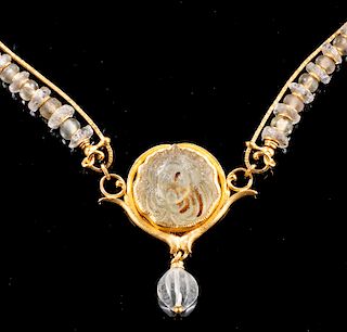 22K+ Gold Necklace Sumarian Quartz Lion Pendant, Beads