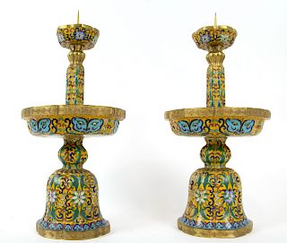 Pair of Yellow Ground Cloisonne Candlesticks.