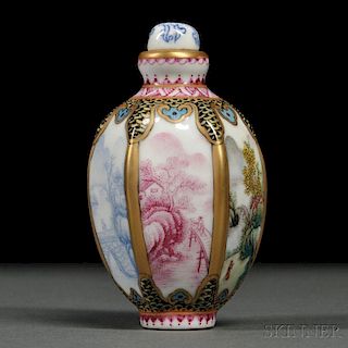 Polychrome Enameled Porcelain Snuff Bottle with Landscapes