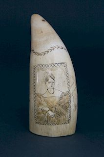 Whaleman Scrimshaw and Polychrome Whale Tooth, circa 1860s
