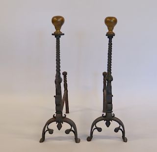 Pair Of Wrought Iron Andirons Attributed To