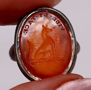 JEWELRY. "Vide et Tace" Intaglio with Dog? Ring.
