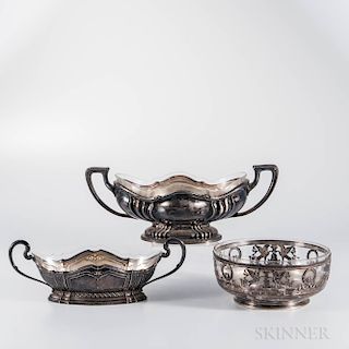 Three German Silver and Glass Center Bowls