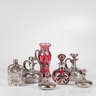 Seven Sterling Silver Overlay Glass Items