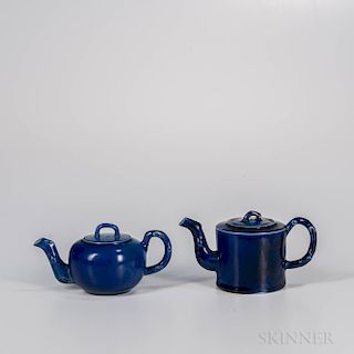 Two Staffordshire Salt-glazed Stoneware Littler's Blue Teapots and Covers