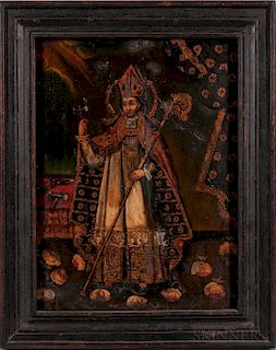 Spanish Colonial School, 19th Century  Portrait of Saint Eloi Holding a Crozier and a Goldsmith's Hammer