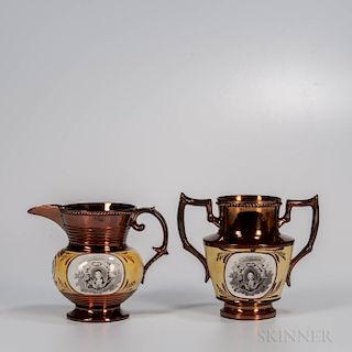 Two Staffordshire Copper Lustre Decorated Lafayette/Cornwallis Items