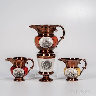 Four Staffordshire Copper Lustre Decorated Lafayette/Cornwallis Items
