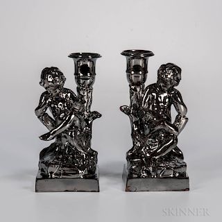 Pair of Staffordshire Silver Lustre Figural Candlesticks