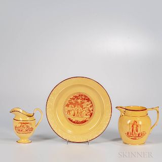 Three Yellow-glazed Staffordshire Red Transfer-printed Items