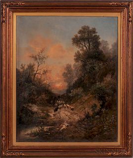 Barbizon School, 19th/20th Century  Herder and Sheep on a Wooded Path at Sunset