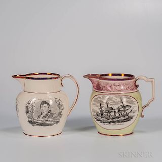 Two Pink Lustre Decorated Commemorative Jugs
