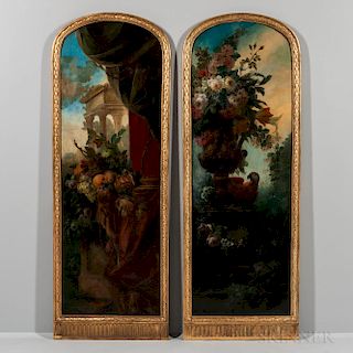 Continental School, 17th Century Style, Pair of Painted Panels: Opulent Fruit Still Life on a Pedestal with Drapery and Classical Ruins