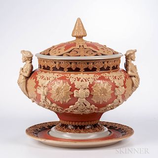 Mettlach High-relief Punch Bowl, Cover, and Underplate