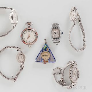 Two Enameled Pendant Watches and Five Lady's Cocktail Watches