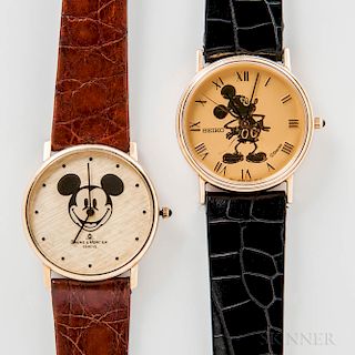 Two 14kt Gold Mickey Mouse Wristwatches
