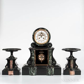 French Belgian Black Slate Clock and Garniture Set