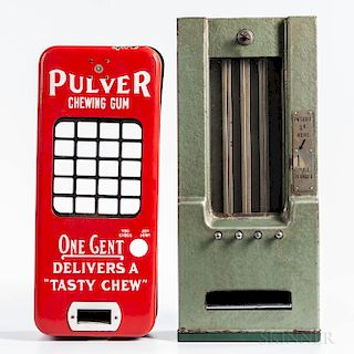 Red Enameled "Pulver" Chewing Gum Dispenser Cover and an Unmarked Arcade Dispenser