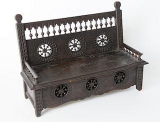 Miniature French Carved Walnut Lift Seat Settle Bench