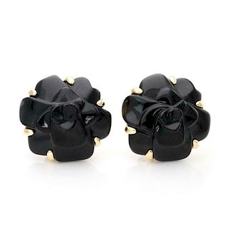 Chanel CAMELLIA Onyx 18k Flower Post Clip Earrings