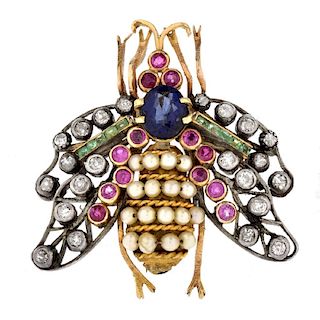 Antique Sapphire, Ruby, Opal And Diamond Bug Brooc