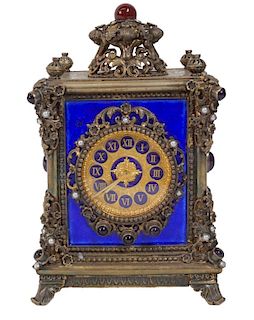 Viennese Silver Enamel Gem Stone Bird Box Clock