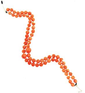 Impressive Chinese Carved Coral Bead Necklace 13MM