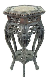Chinese Carved Wooden Marble Insert Side Table