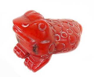 (1) One Chinese Carved Coral Frog Figure