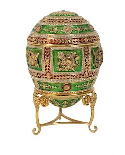 Contemporary Faberge Bronze Enameled Egg on stand