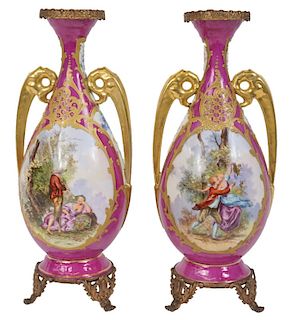 (2) Pair of French Gilt Painted Porcelain Urns