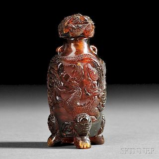 Red/brown Amber Snuff Bottle with Dragons