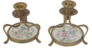 (2) Two Brass And Porcelain Insert Candle Sticks